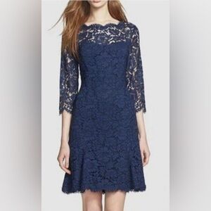 Eliza J Navy Dress Size 00 Fit and Flare Blue Lace Scalloped Ilusion Neckline